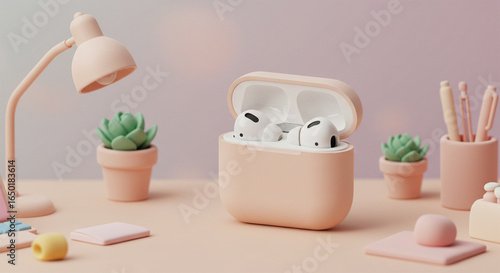 Airpods pro wireless earbuds charging case on desk with lamp and succulent plants