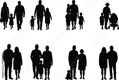 Generational family portraits silhouette set, parents and children bonding, loving parents with their kids, walking and standing