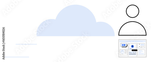 Simplified cloud graphic with a user icon and a data dashboard. Ideal for cloud computing, file storage, data analytics, digital interface, networking, digital security, streamlined visuals. A simple