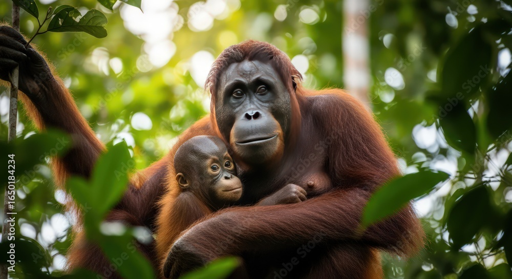 Obraz premium Loving Mother Orangutan Hugging Baby in Lush Green Rainforest Canopy