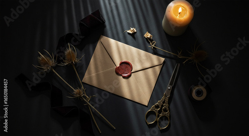 Vintage letter with wax seal and candle light romantic scene writing concept art