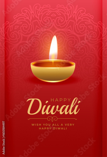 happy diwali greeting red poster with golden diya