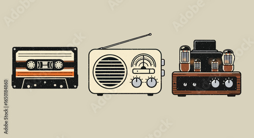 A detailed illustration set of retro audio technology - cassette tape, vintage radio, and tube amplifier.
