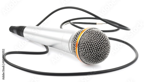 Close-up of a silver microphone with a black cord.