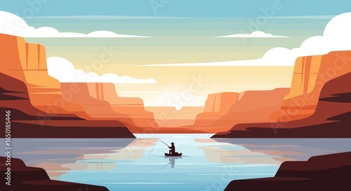 Scenic canyon landscape with a lone fisherman on a tranquil river at sunset