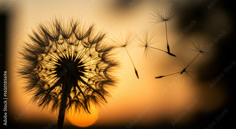 Obraz premium Dandelion seeds blowing in the wind at sunset nature photography wallpaper art