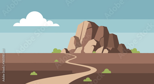 Scenic Desert Vista With Rocky Outcrop And Winding Path Illustration