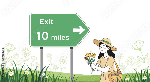 Scenic Exit Woman Holding Wildflowers Near Roadside Green Sign With Direction