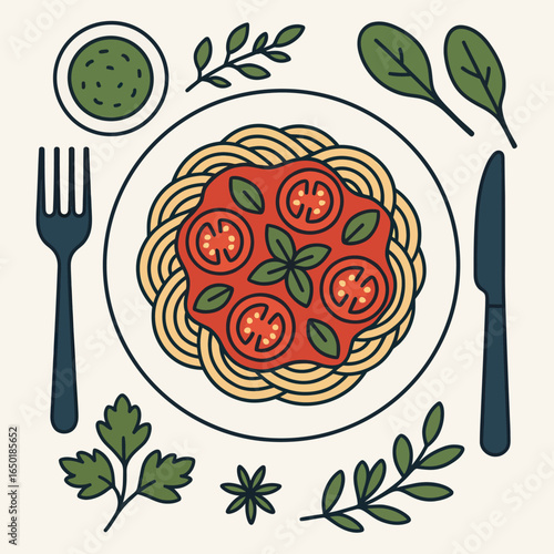 Hand-drawn flat lay illustration of a spaghetti plate with tomato sauce, basil, and fresh herbs.