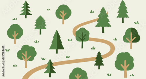 Scenic Forest Trail With Minimalist Trees And Winding Path In Flat Design