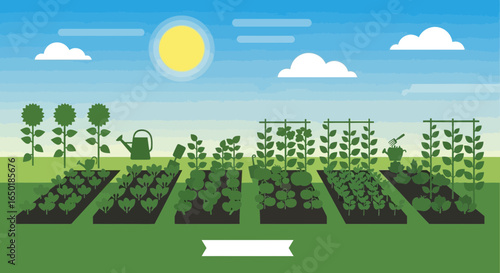 Scenic Garden Patch With Plants Vegetables Growing Under a Sunny Sky