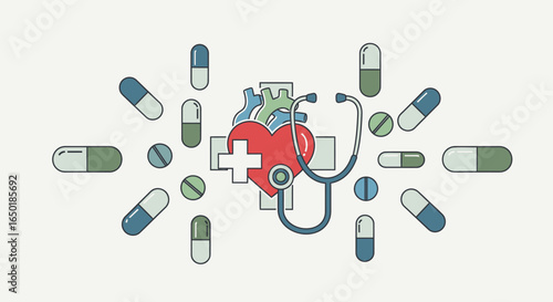 Heart with Stethoscope and Pills - Medical Illustration for Healthcare.