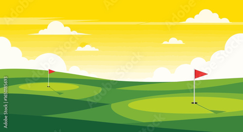 Scenic Golf Course At Sunset With Red Flags And Clouds Over Green Hills