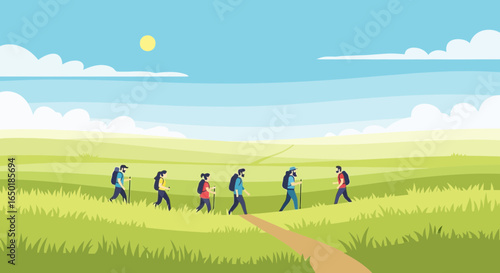 Scenic Group Trekking Adventure Through Green Meadows Under A Sunny Sky