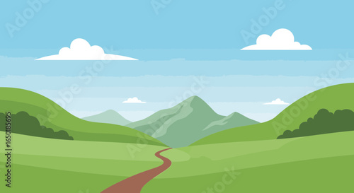 Scenic Green Valley Landscape With Blue Sky And Minimalist Cloud Illustration