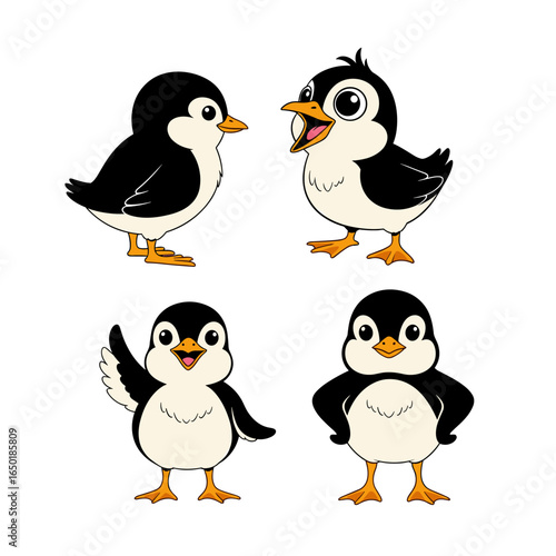 Four cute adorable baby penguin chicks standing together on white background