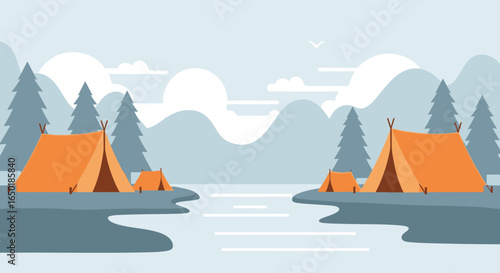 Scenic Lakeside Camping Adventure With Tents And Mountain Views At Dusk
