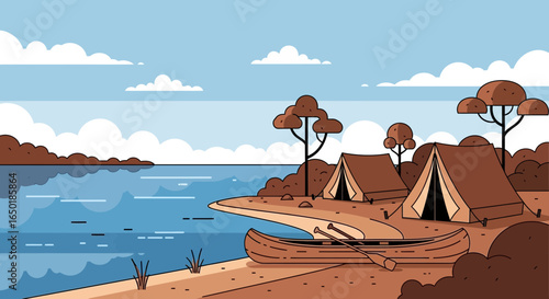 Scenic Lakeside Camping Adventure With Tents And Canoe Illustration Landscape