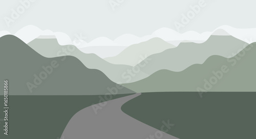 Scenic landscape illustration with mountains road and cloudy sky in shades of green and gray offers calmness