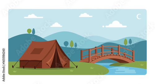 Scenic Outdoor Adventure Featuring Camping Tent Beside Picturesque Wooden Bridge