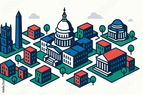 Stylized Vector Illustration of Iconic Washington D.C. Buildings and Monuments.