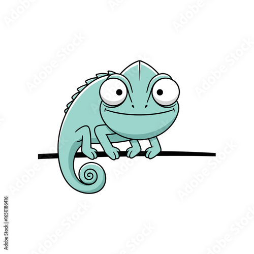 Cute cartoon chameleon sitting on a branch looking happy and friendly