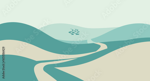Scenic Rolling Hills Landscape Background With Winding Road And Stream