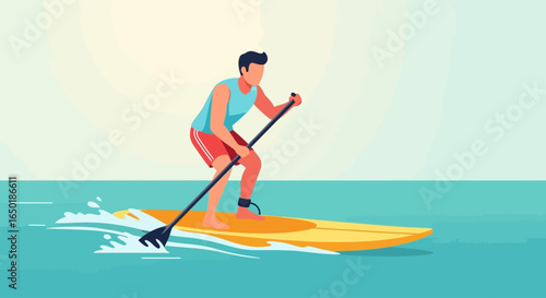 Man paddleboarding on calm ocean water, enjoying a sunny day.