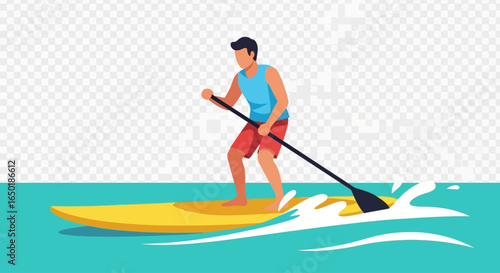 Man paddleboarding on calm turquoise water, enjoying a sunny day.
