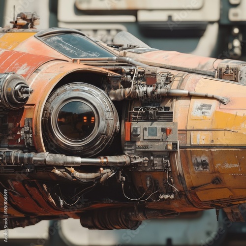 Close up of a futuristic orange and yellow spaceship with intricate details