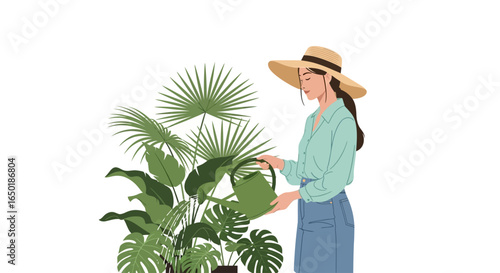 A stylish woman in a wide-brimmed straw hat waters a collection of lush green tropical houseplants with a watering can.
