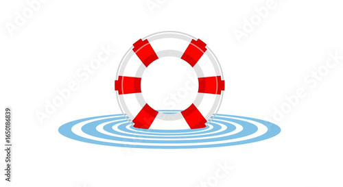 A red and white lifebuoy floating on calm blue water with concentric ripples.