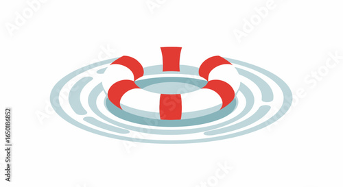 A red and white striped lifebuoy floating in the center of concentric water ripples on a white background.