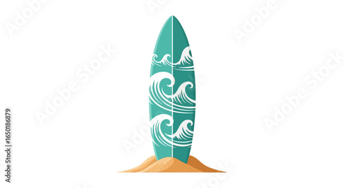 A vibrant teal surfboard with a white wave pattern stands upright in a sandy beach, ready for ocean adventures.