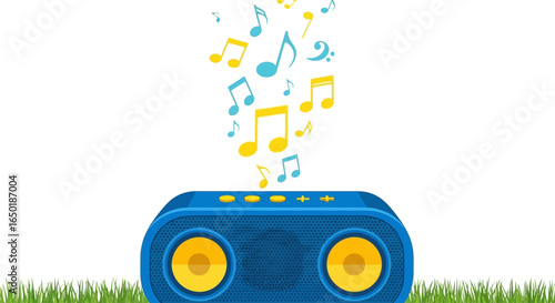 A vibrant blue portable speaker emits colorful musical notes upwards, resting on green grass against a white background.