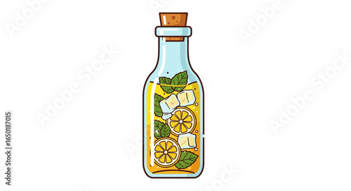 An illustration of a clear glass bottle filled with a vibrant yellow beverage, garnished with fresh lemon slices, green mint leaves, and white ice cubes, sea...