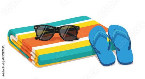 A colorful beach towel, sunglasses, and blue flip-flops, ready for summer fun.