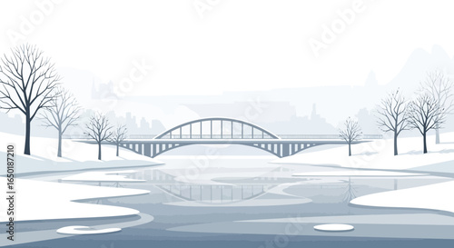 Scenic Winter Landscape With Bridge Over Frozen River Silhouette Vector