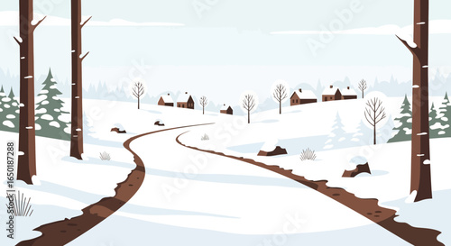 Scenic Winter Landscape With Snowy Road And Cozy Village Houses Artwork