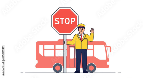 School Traffic Safety Patrol Illustration With Bus And Stop Sign