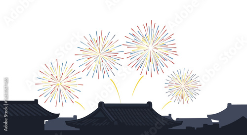 Colorful fireworks explode over traditional Asian rooftops.