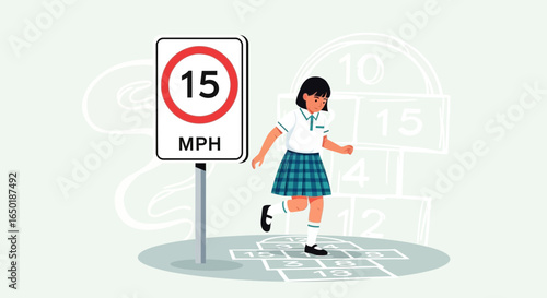 School Girl Plays Hopscotch Near 15 Mph Speed Limit Sign In Safe Neighborhood