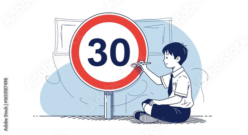 Schoolboy Creating a Speed Limit Sign In a Blue and White Illustration