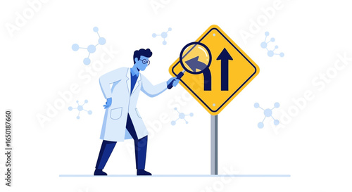 Scientist Analyzes Road Sign With Magnifying Glass For Alternative Direction