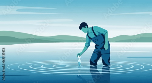 Scientist Collects Water Sample To Checking Contamination Levels In Lake