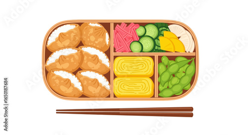 A delicious Japanese bento box lunch featuring fried tofu, pickled vegetables, tamagoyaki, edamame, and chopsticks.