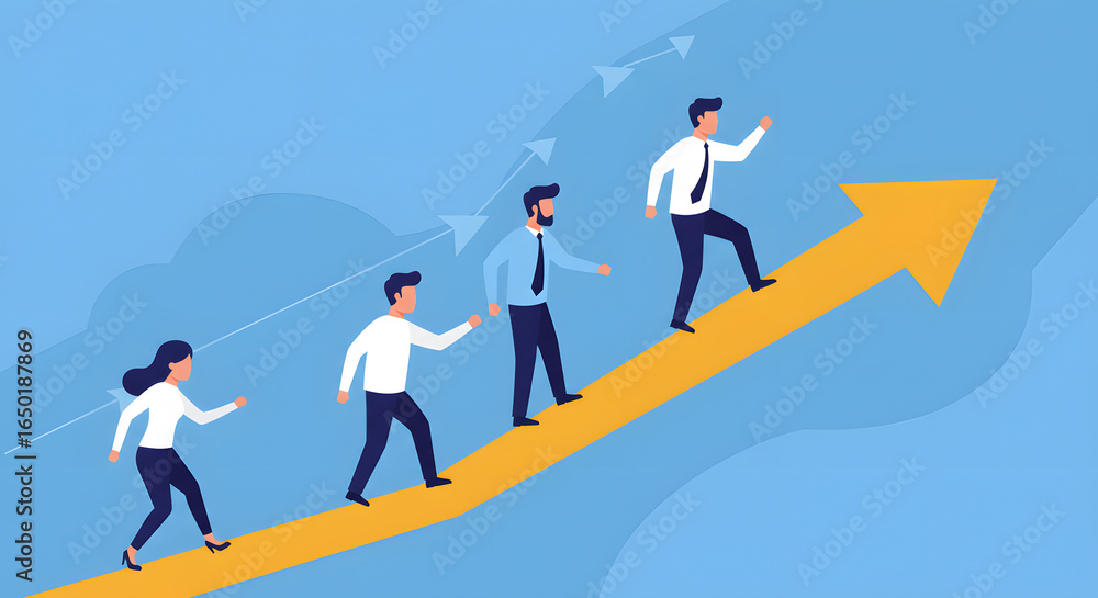 Fototapeta premium Ascending the Path to Success: A Business Team's Journey Towards Growth and Achieving their Goals, Navigating an Upward Trajectory Together