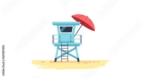 A light blue lifeguard tower stands on a sandy beach next to a red parasol, under a bright white sky.