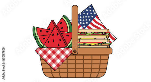 Patriotic picnic basket brimming with watermelon slices and sandwiches.
