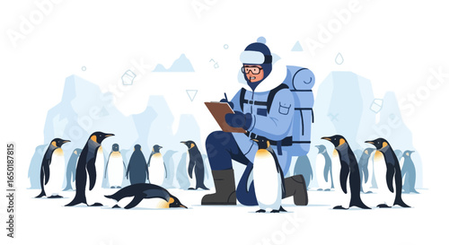 Scientist In Antarctic Study Penguins In The Cold Winter Landscape Scene